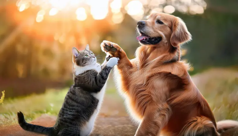Happy dog and cat with family